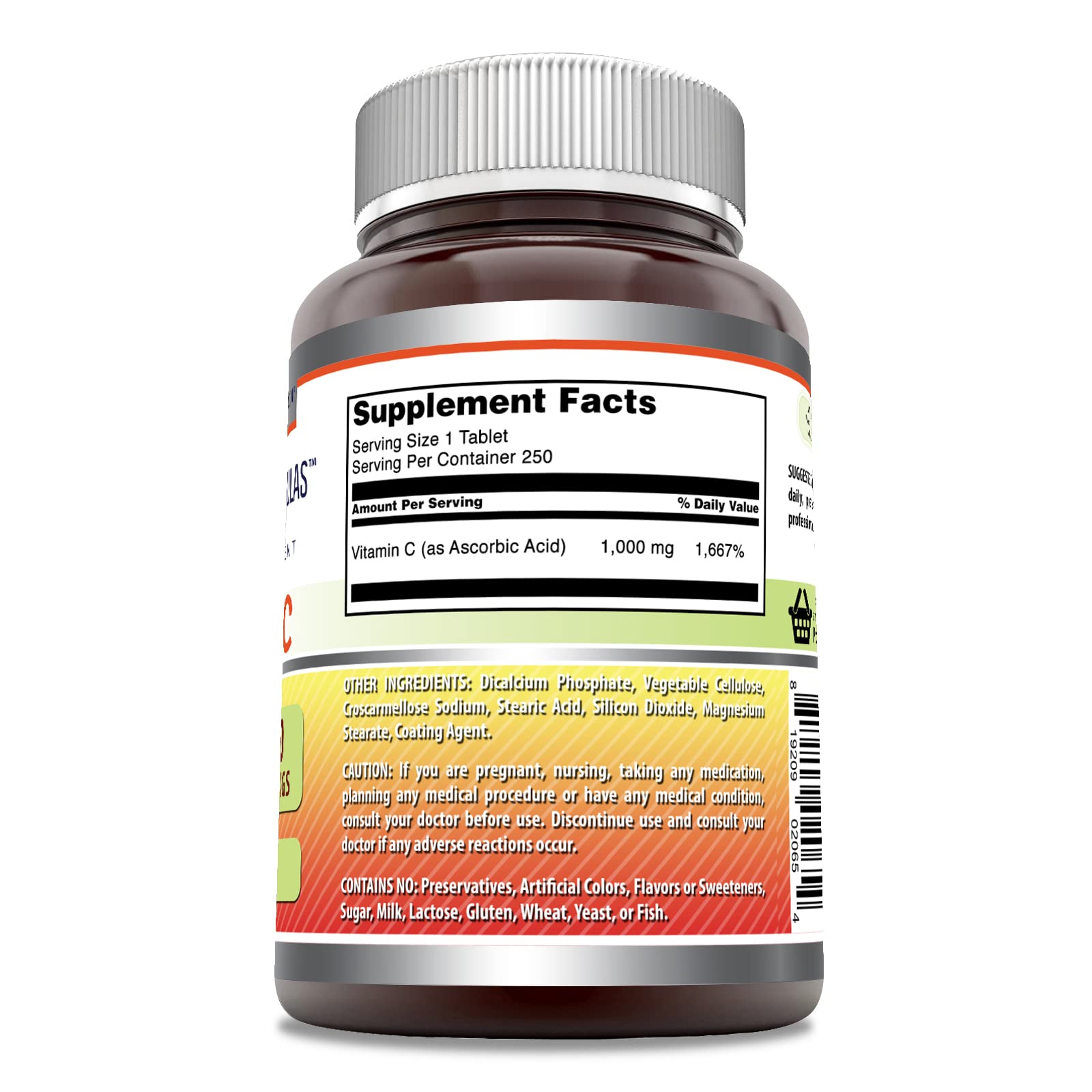Back view of Amazing Formulas Vitamin C 1000 mg bottle with label