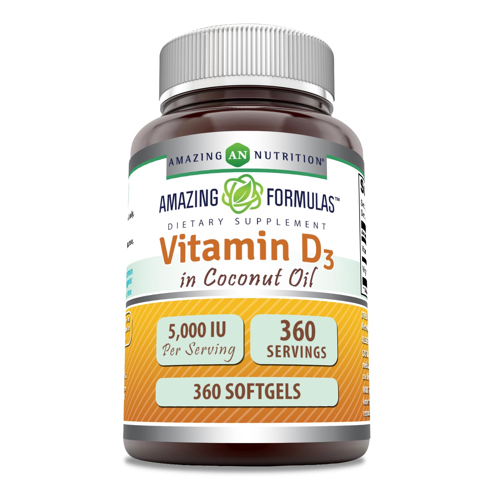 Bottle of Amazing Formulas Vitamin D3 5000 IU softgels with coconut oil