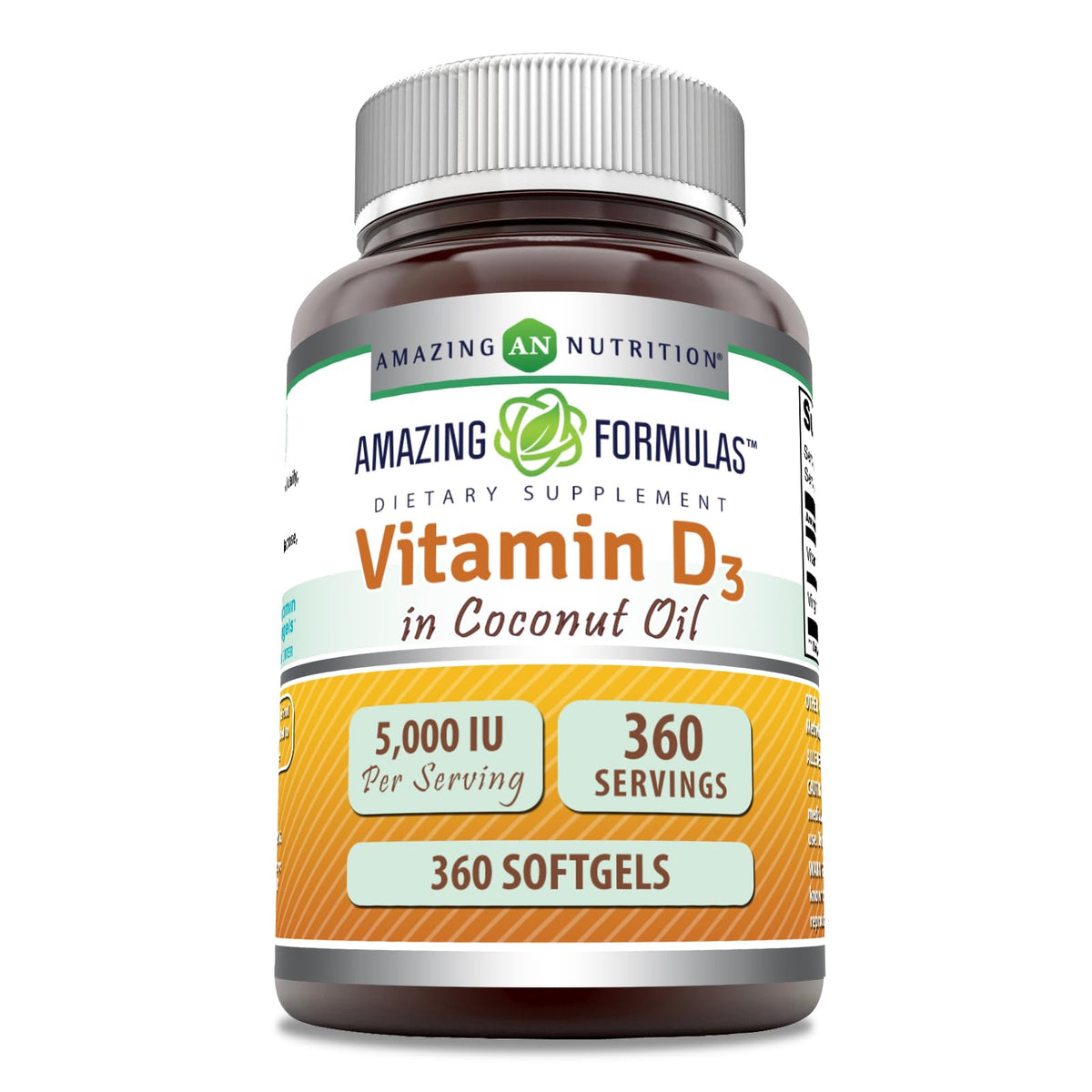 Bottle of Amazing Formulas Vitamin D3 5000 IU softgels with coconut oil