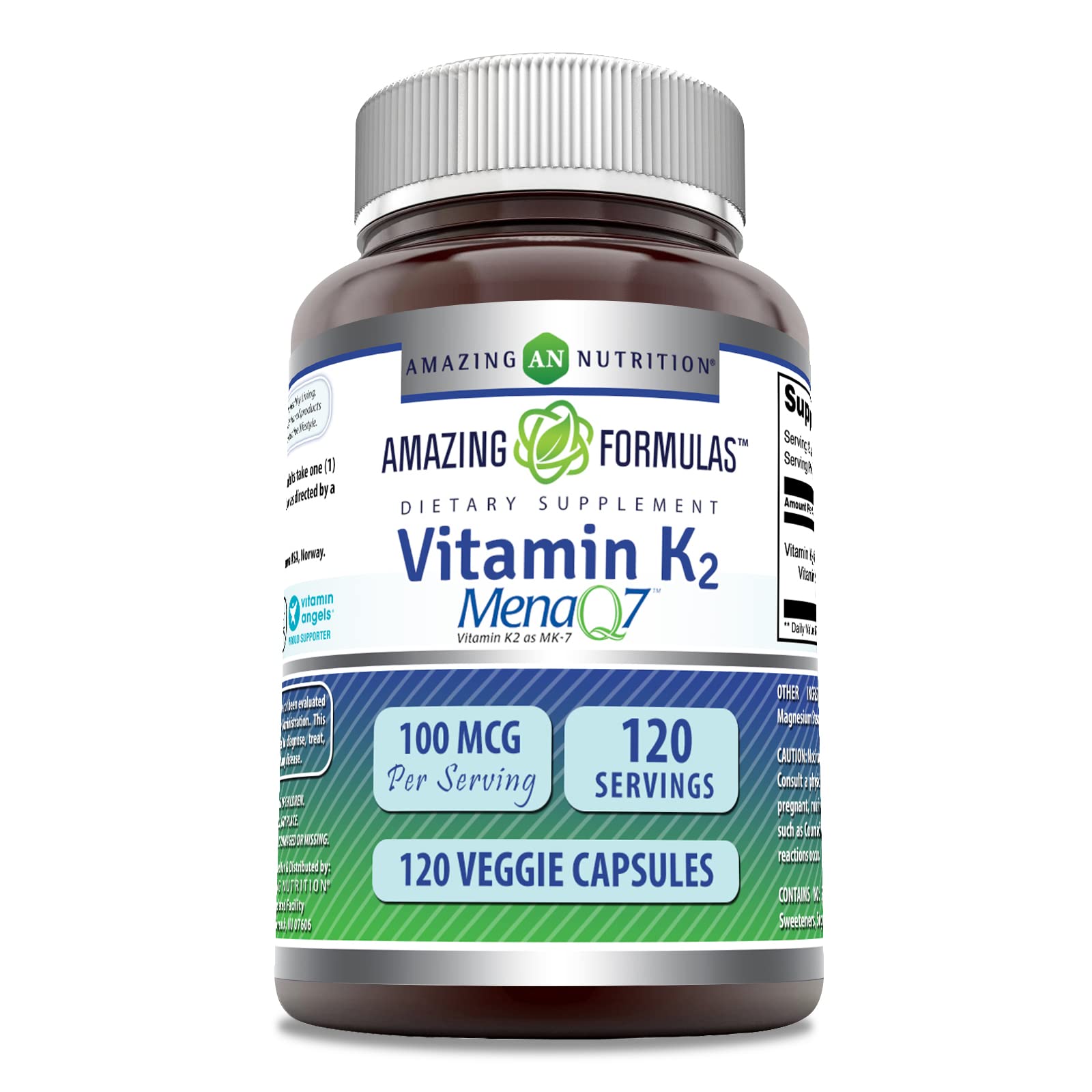 Amazing Formulas Vitamin K2 MK7 bottle and label, 100 mcg per serving