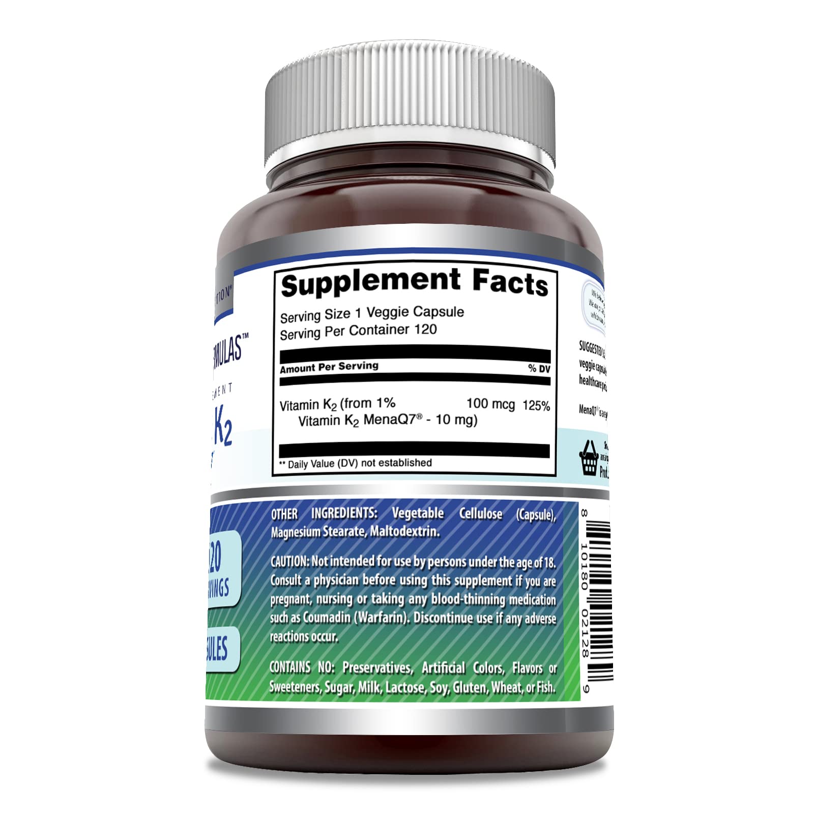 Non-GMO and gluten-free label on Vitamin K2 MK7 supplement