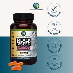 Label showing 1250mg high-potency black seed oil capsules