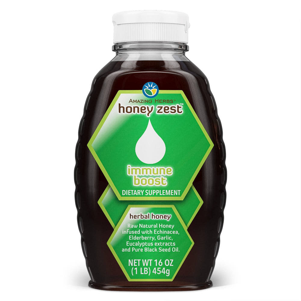 Amazing Herbs HoneyZest bottle pour highlighting immune-support blend.
