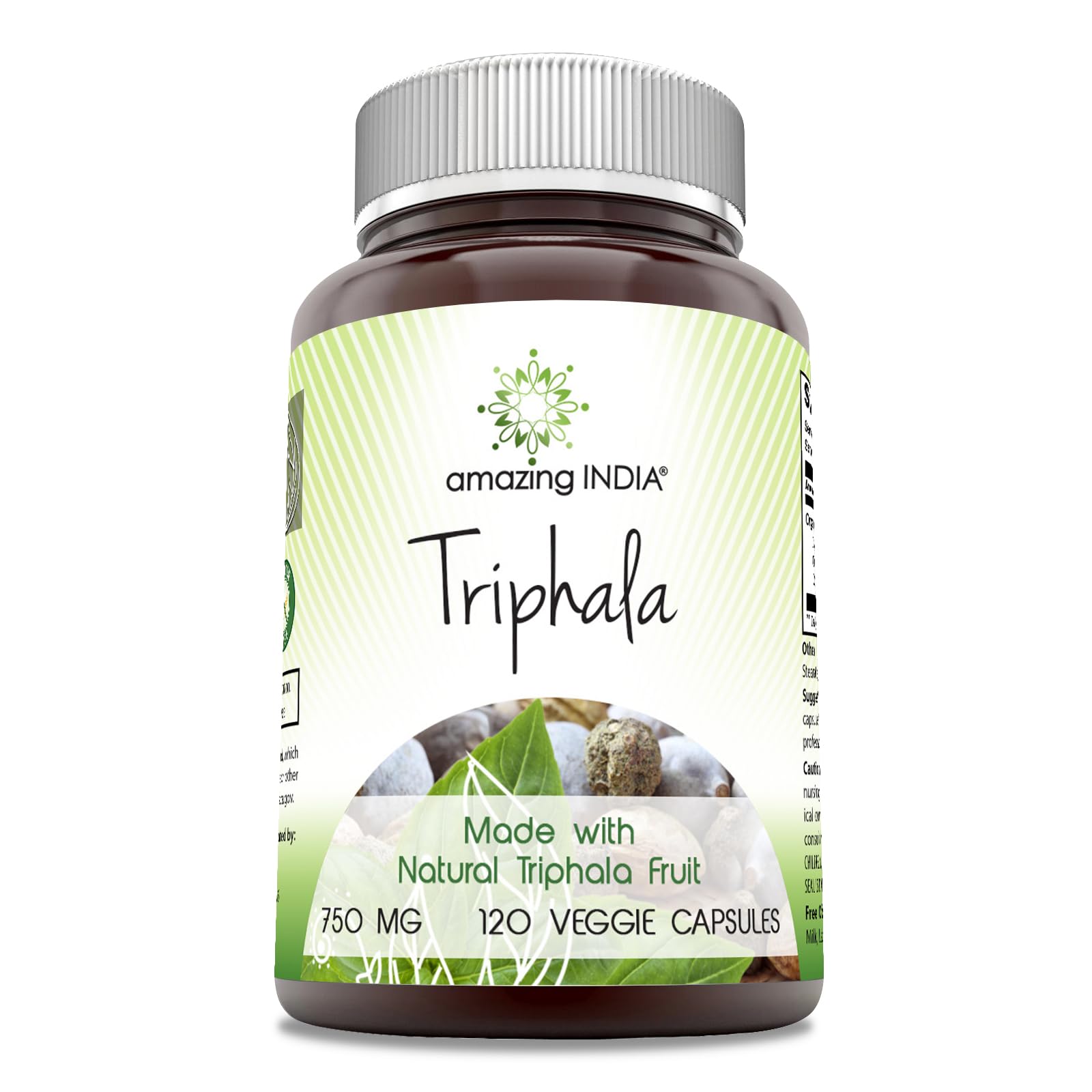 Amazing India Triphala 750 mg per serving bottle with 120 veggie capsules