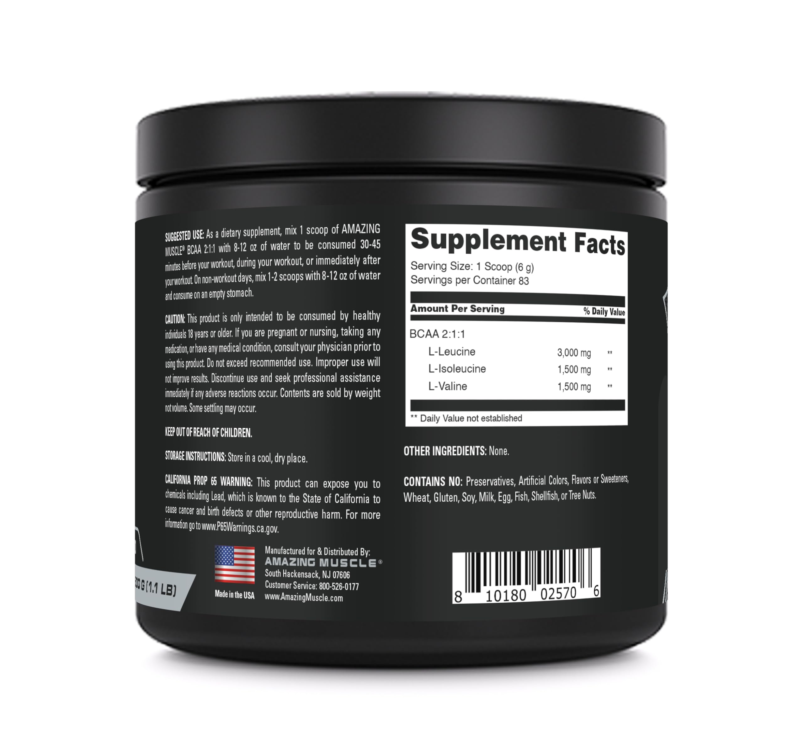 Back label showing 6 g BCAA per serving