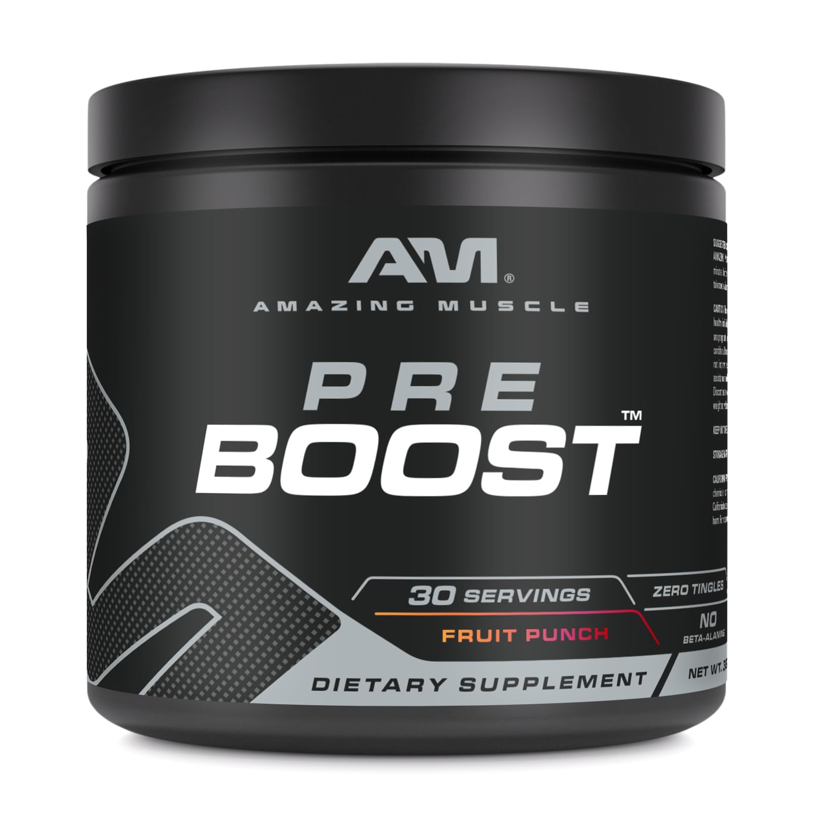 Amazing Muscle Pre Boost 324g container with Fruit Punch flavor label