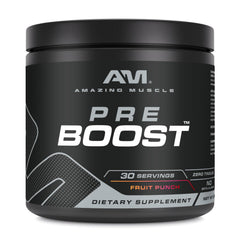 Amazing Muscle Pre Boost 324g container with Fruit Punch flavor label