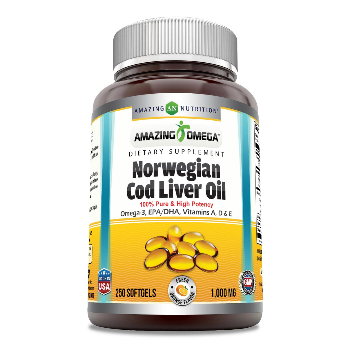Bottle of Amazing Omega Norwegian Cod Liver Oil 1000 mg softgels (Orange bottle)