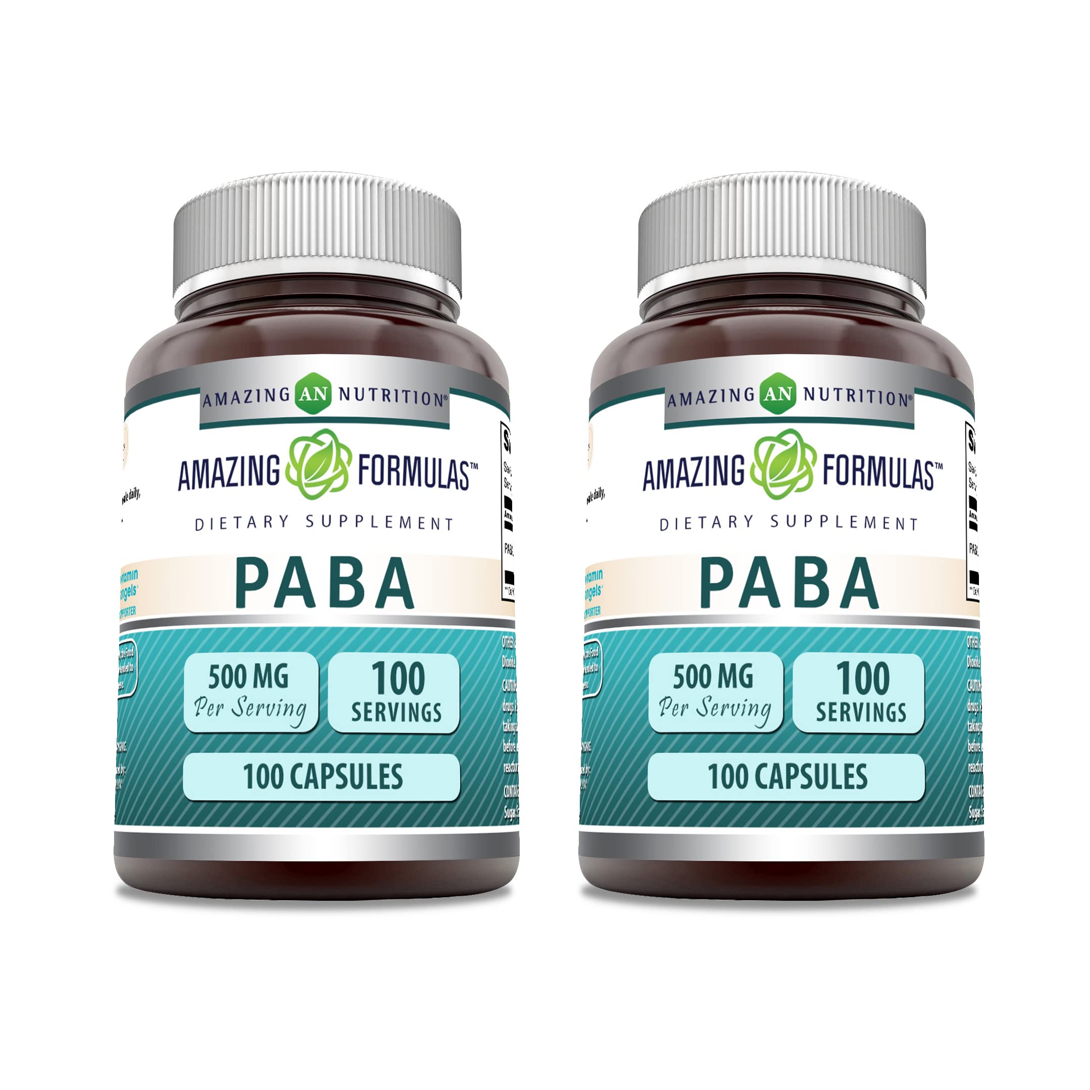 Amazing Formulas PABA Supplement bottle 500 mg - 100 capsules - Non-GMO, Gluten Free - Made in USA