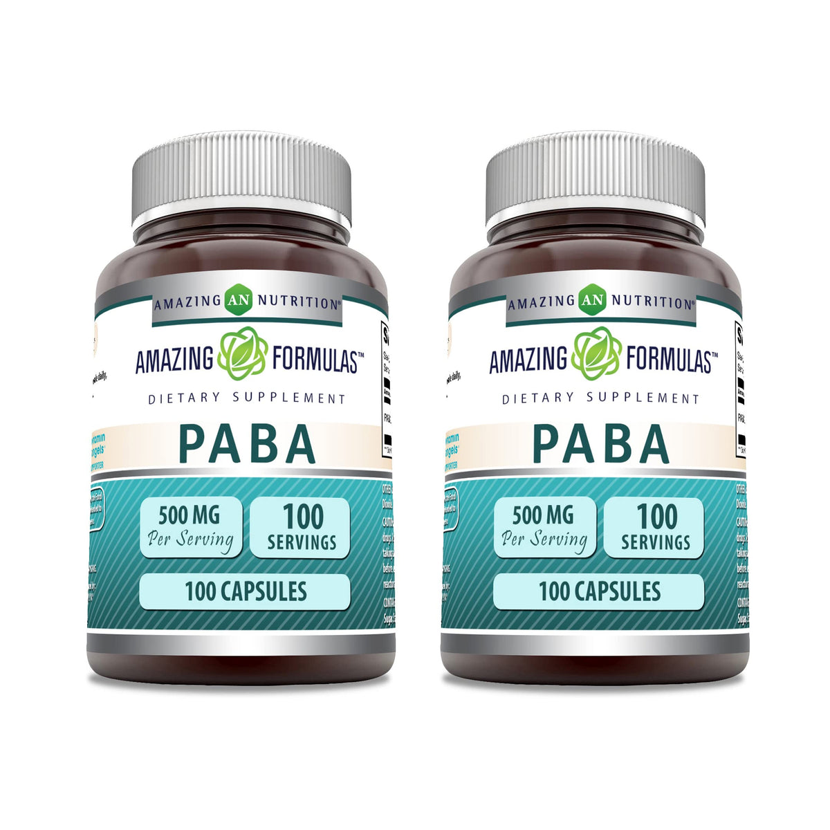 Amazing Formulas PABA Supplement bottle 500 mg - 100 capsules - Non-GMO, Gluten Free - Made in USA