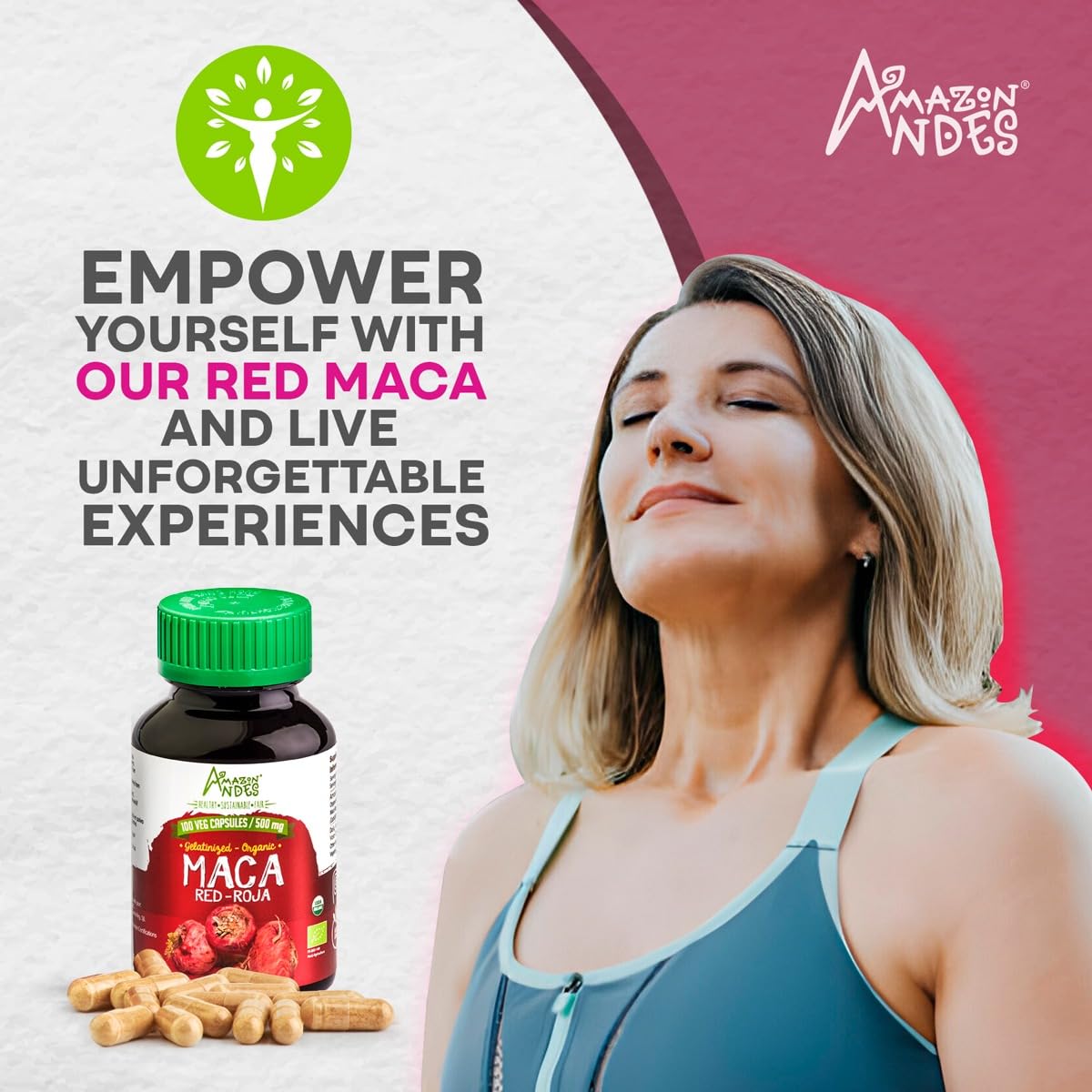 Box packaging for Amazon Andes Red Maca Root Capsules with product name