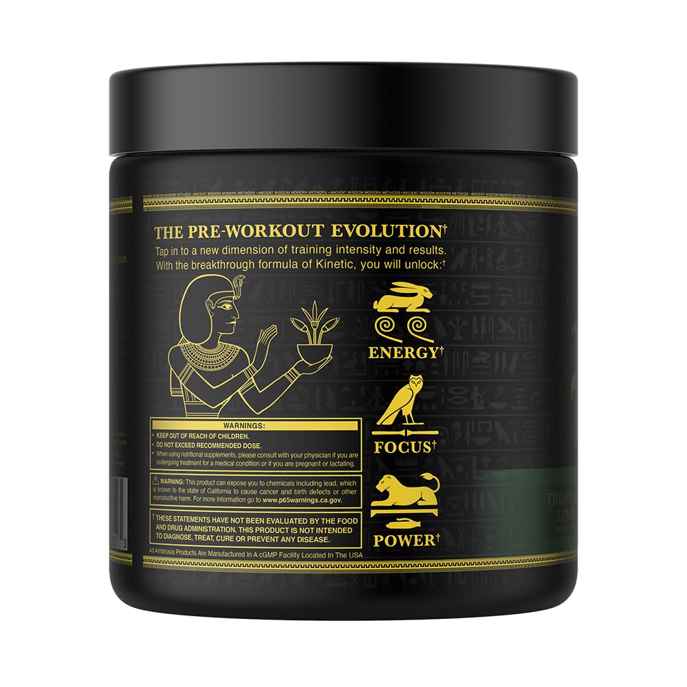 Ambrosia Kinetic Organic Preworkout Tropical Lime powder and ingredients