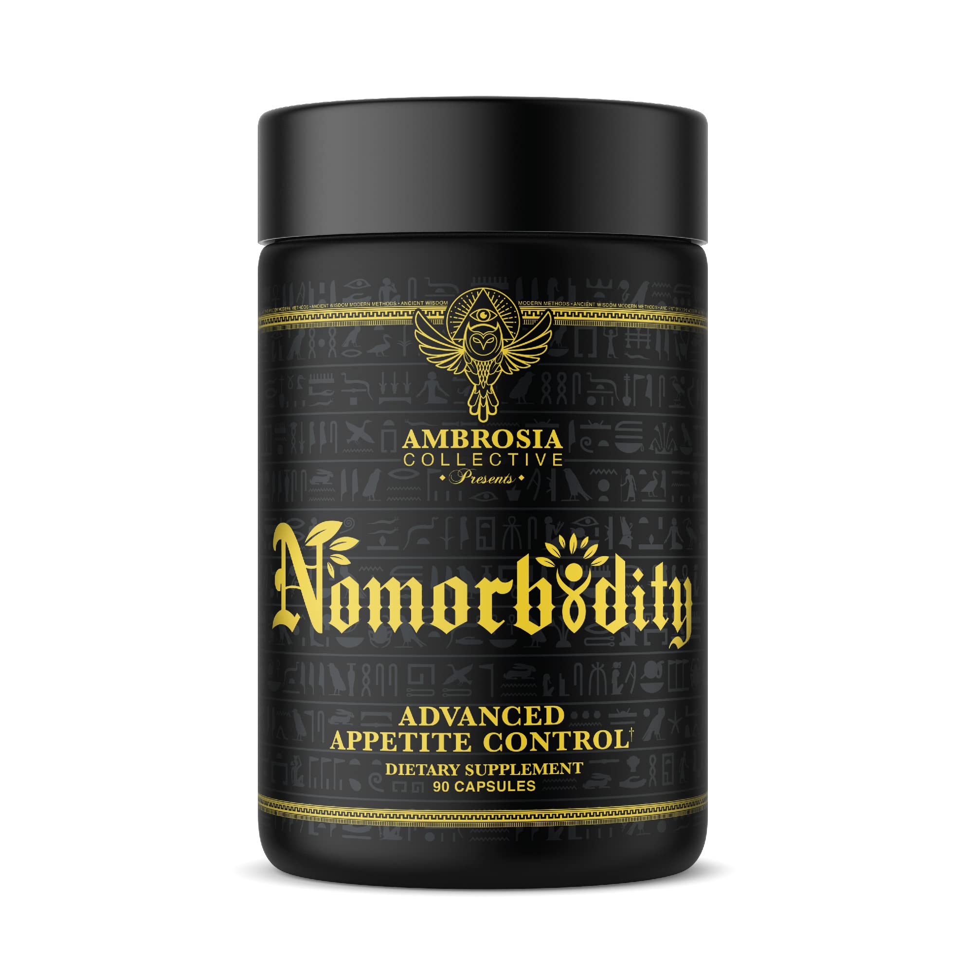Ambrosia Nomorbidity bottle with open cap highlighting appetite control during meals.