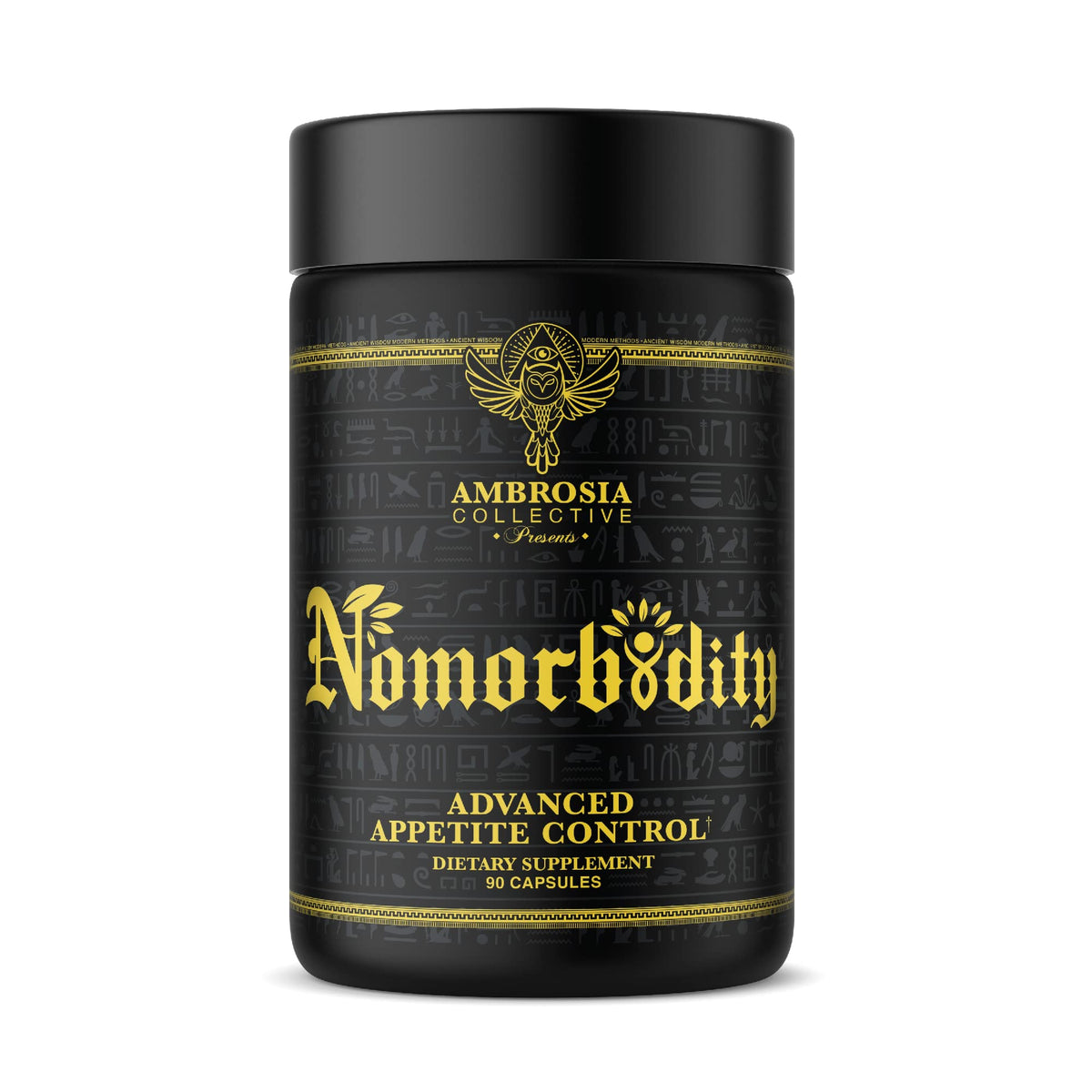 Ambrosia Nomorbidity bottle with open cap highlighting appetite control during meals.