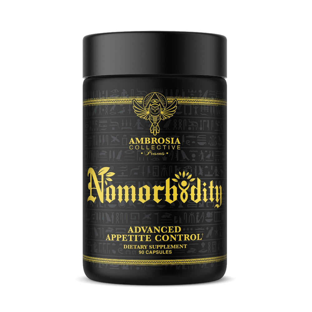 Ambrosia Nomorbidity bottle with open cap highlighting appetite control during meals.