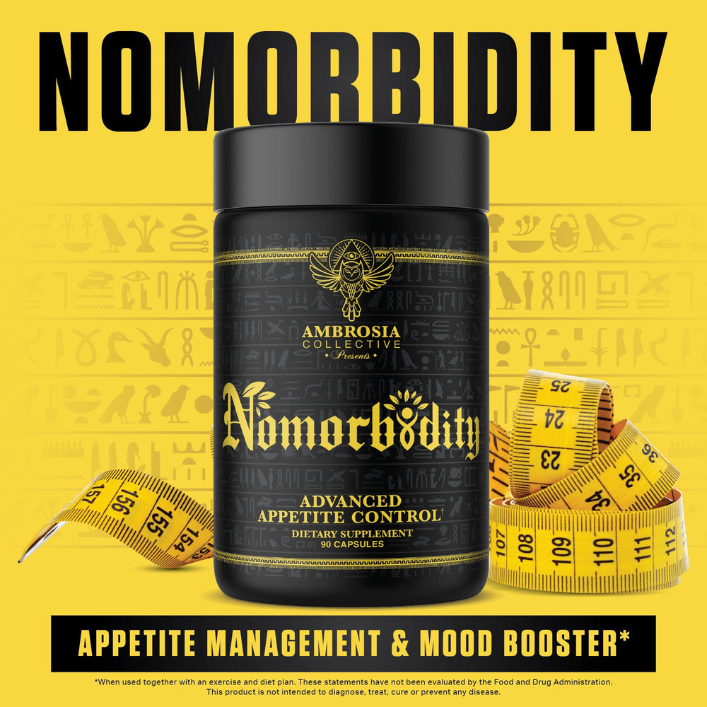 Ambrosia Nomorbidity bottle side view highlighting premium ingredients and stimulant-free formula.