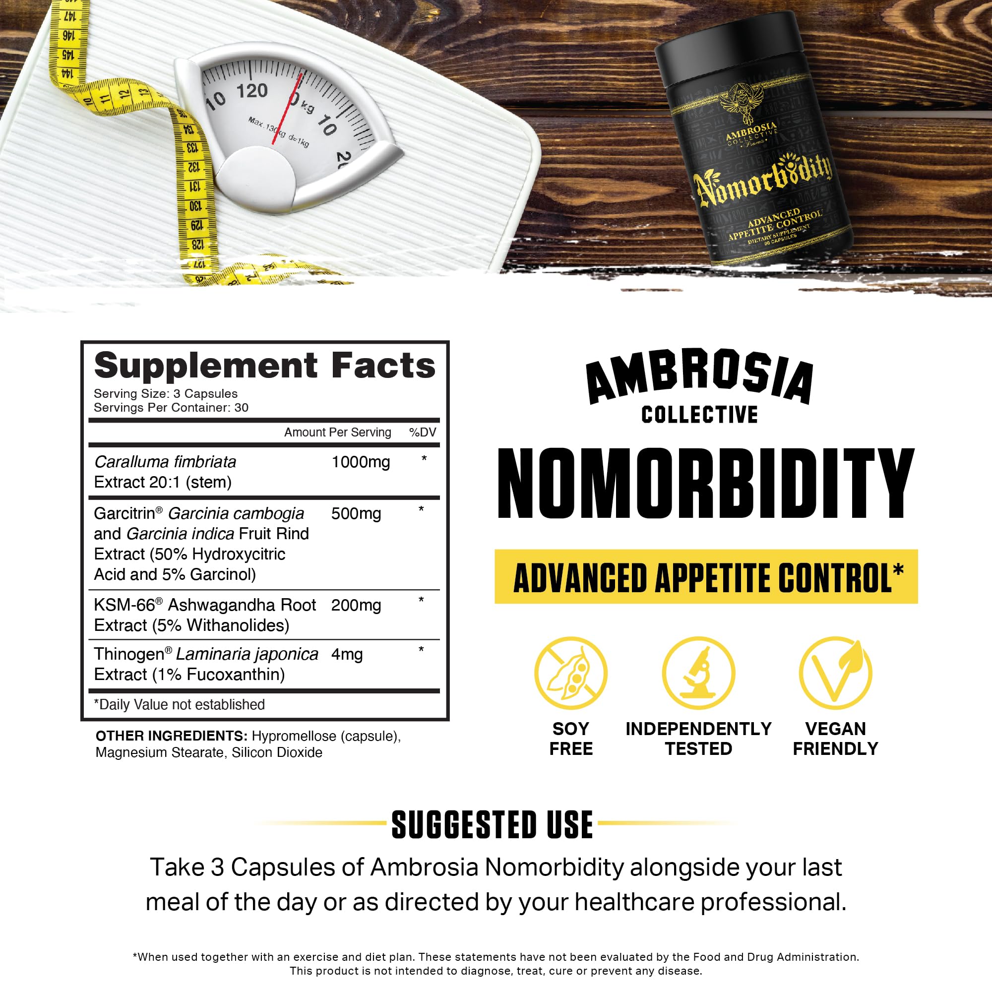 Ambrosia Nomorbidity label detail showing stimulant-free formula and safety verification.