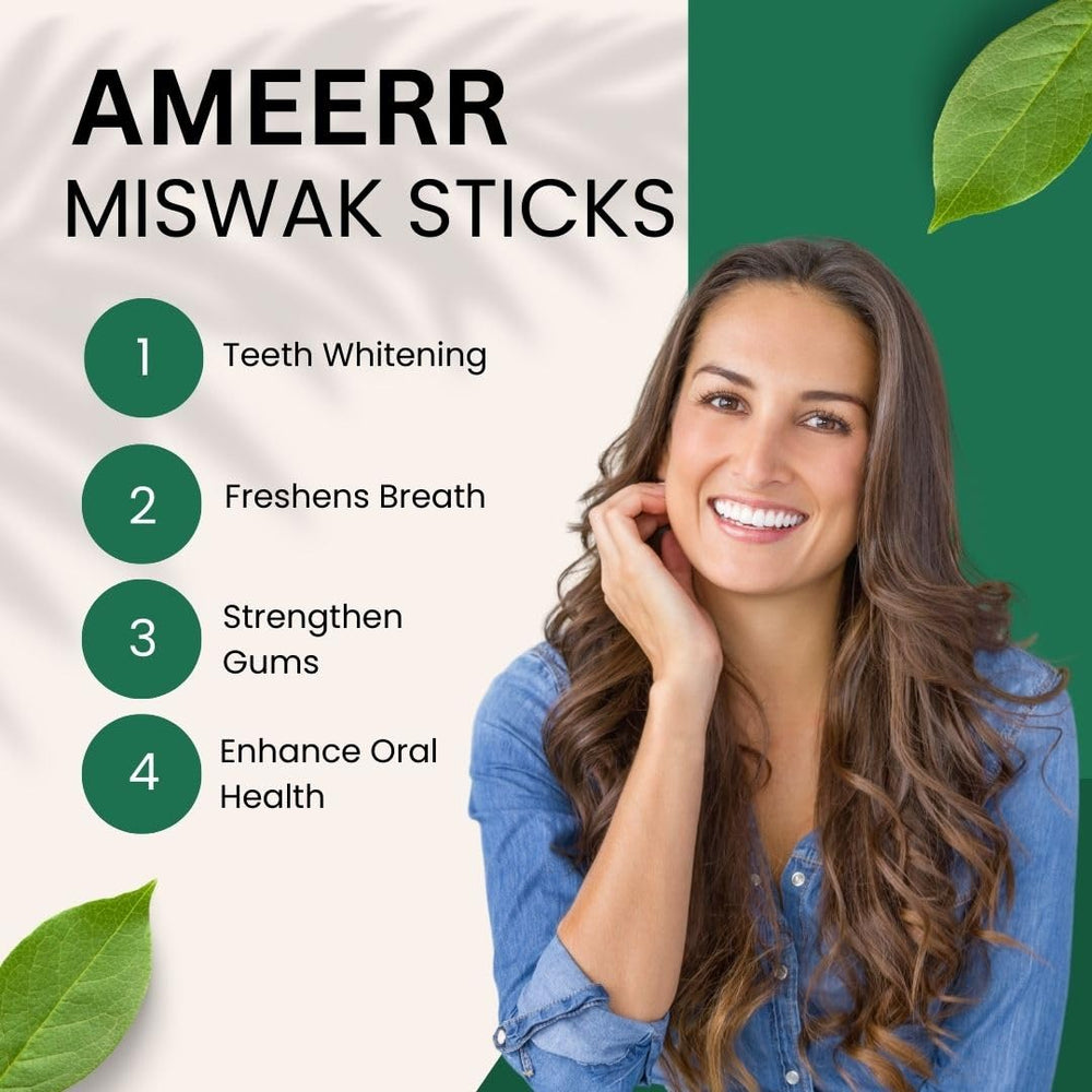 Box of 12 vacuum-sealed Ameerr Miswak sticks with pen holder