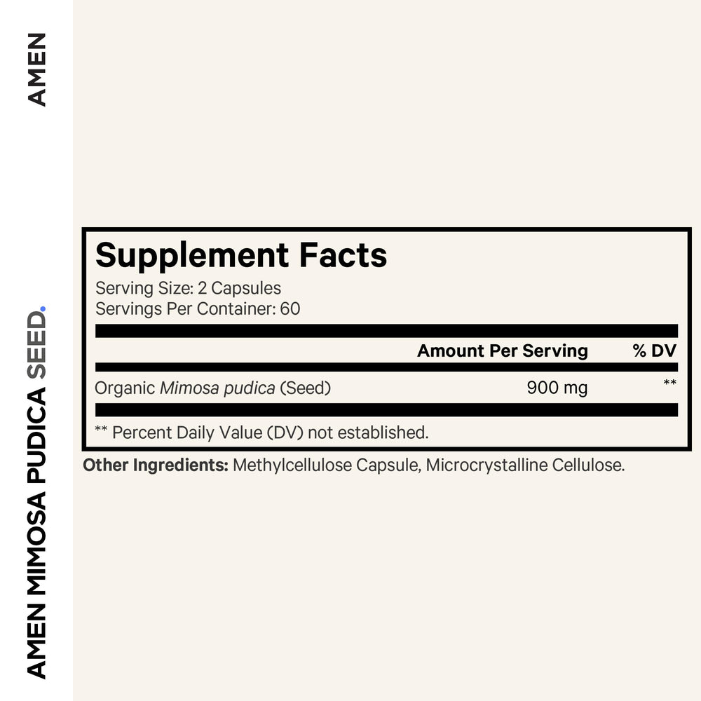 Amen Organic Mimosa Pudica Seeds Capsules bottle back label