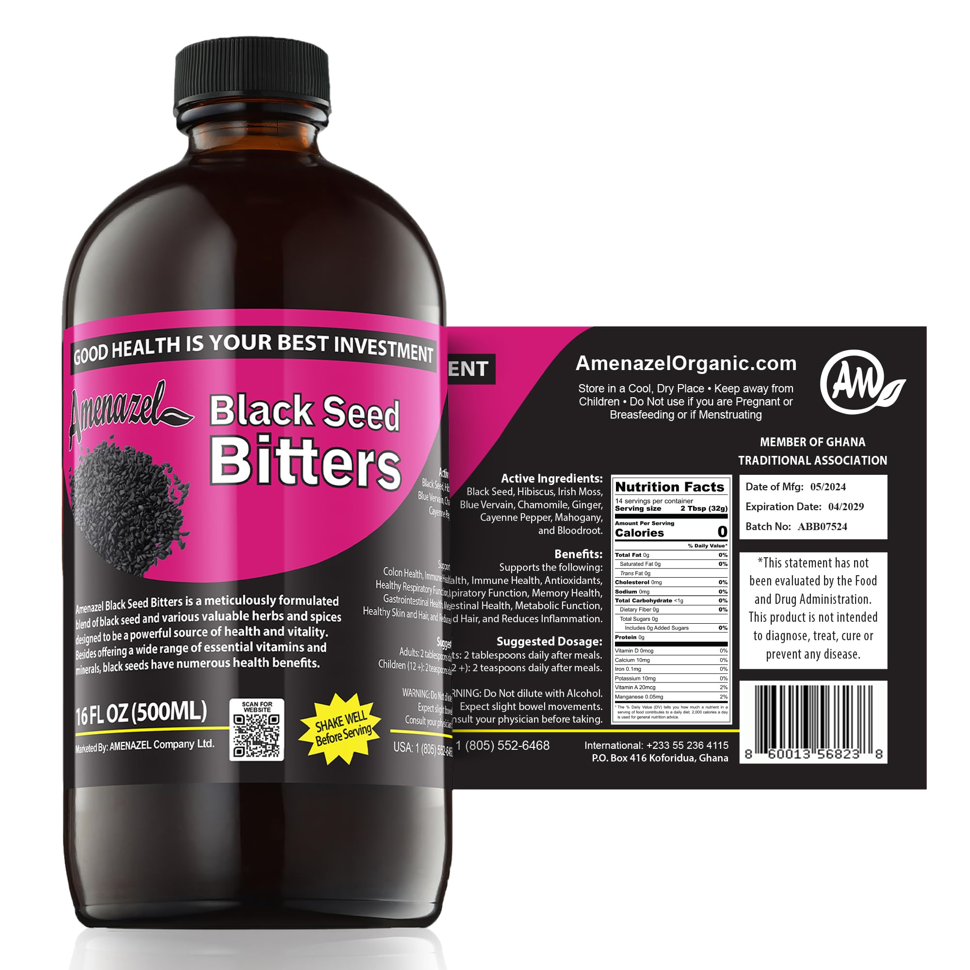 Amenazel Organic Black Seed Bitters bottle, 16 oz
