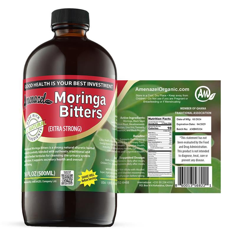 Amenazel Organic Moringa Bitters 16 oz bottle on white background