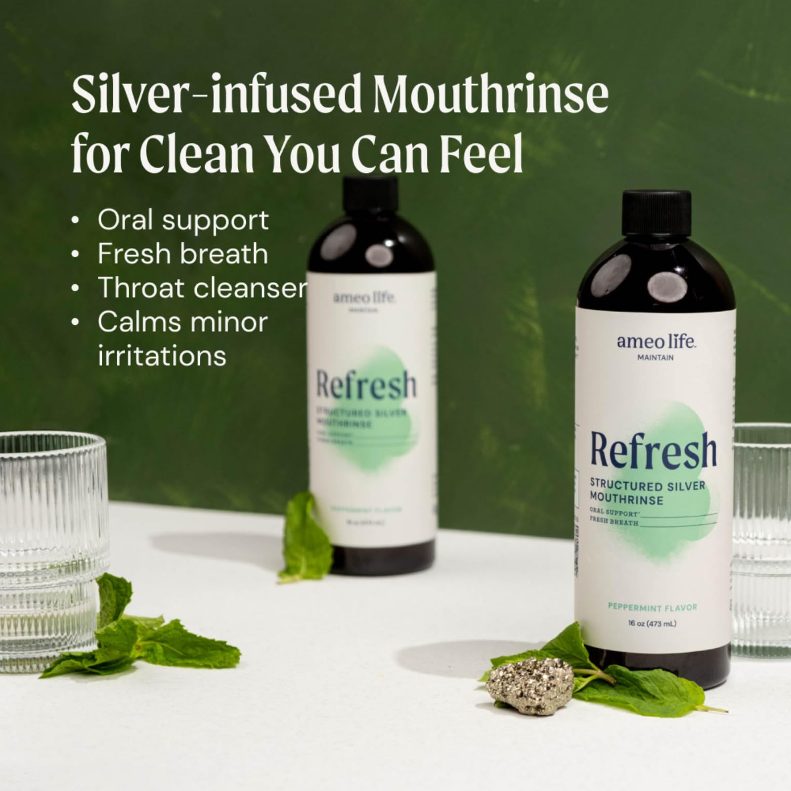 Front view of Ameo Life silver mouthwash packaging and bottle