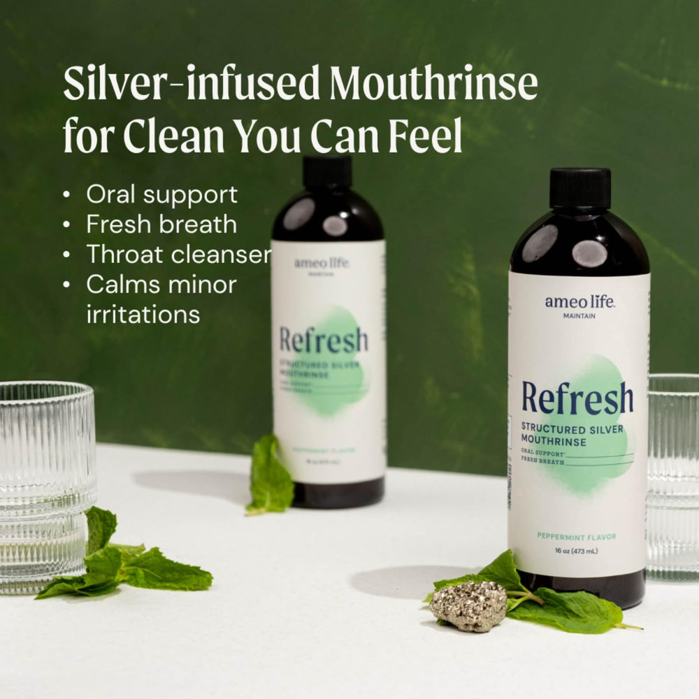 Front view of Ameo Life silver mouthwash packaging and bottle