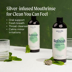 Front view of Ameo Life silver mouthwash packaging and bottle