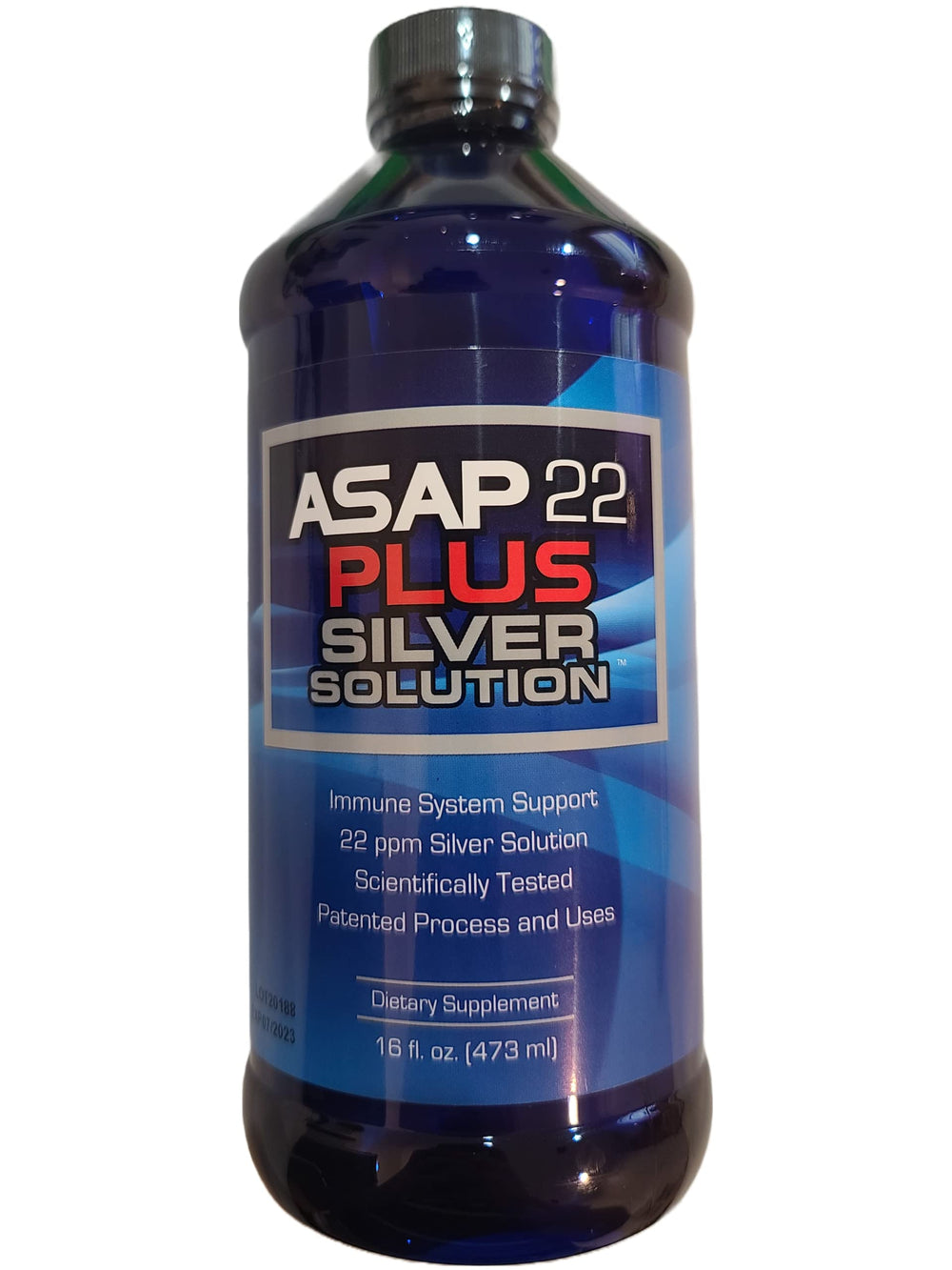 Front view of American Biotech Labs ASAP 22 Plus Silver Solution bottle, 16 oz