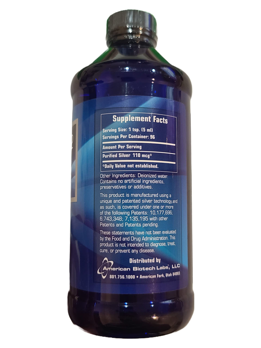 Product packaging display featuring American Biotech Labs silver solution