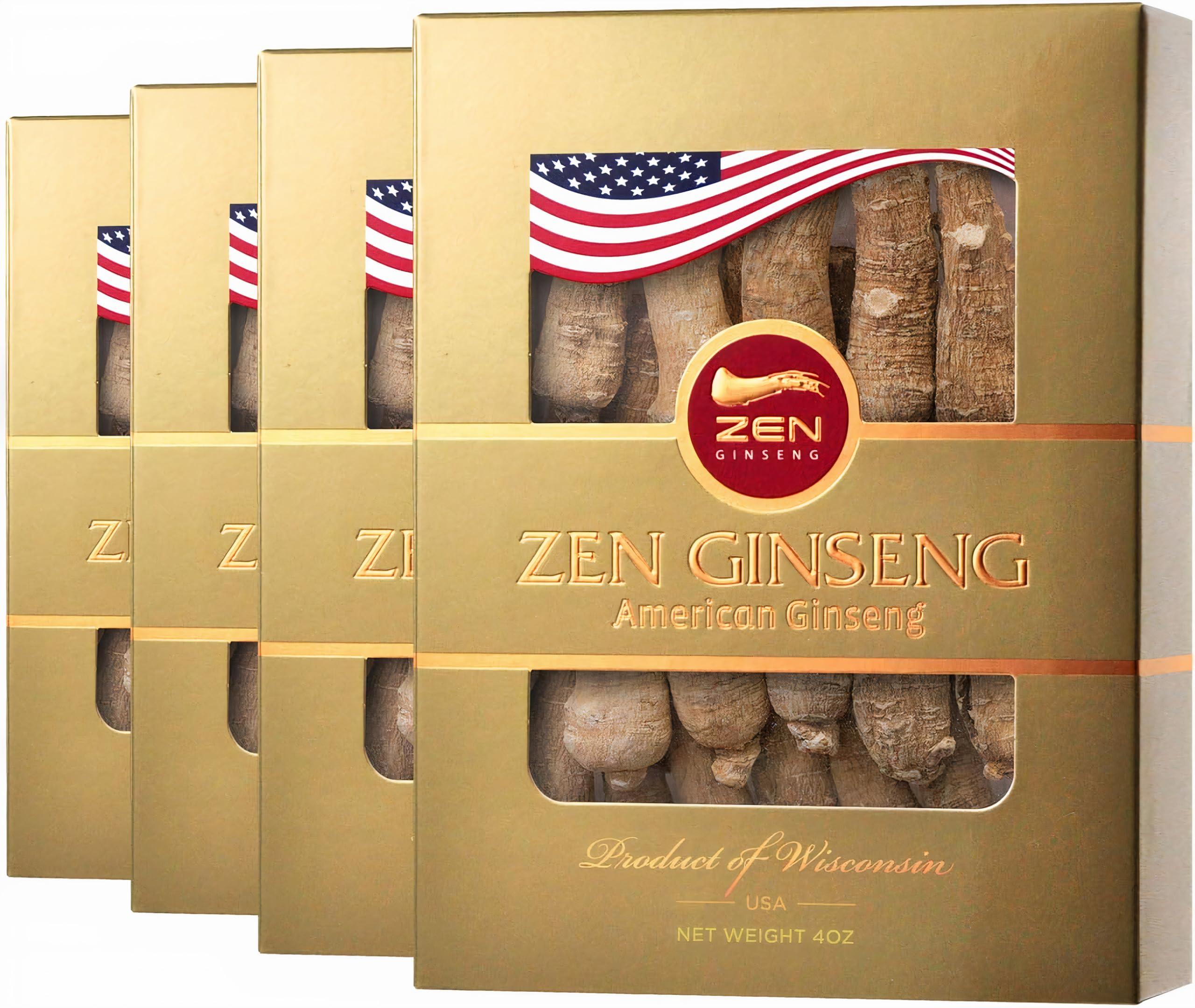 Front view of a 4oz box of American ginseng root (4-box pack)