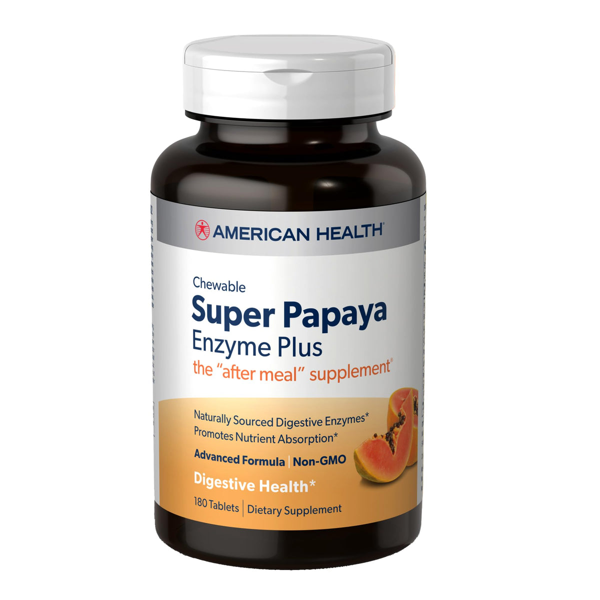 American Health Super Papaya Enzyme Plus bottle with 180 chewable tablets
