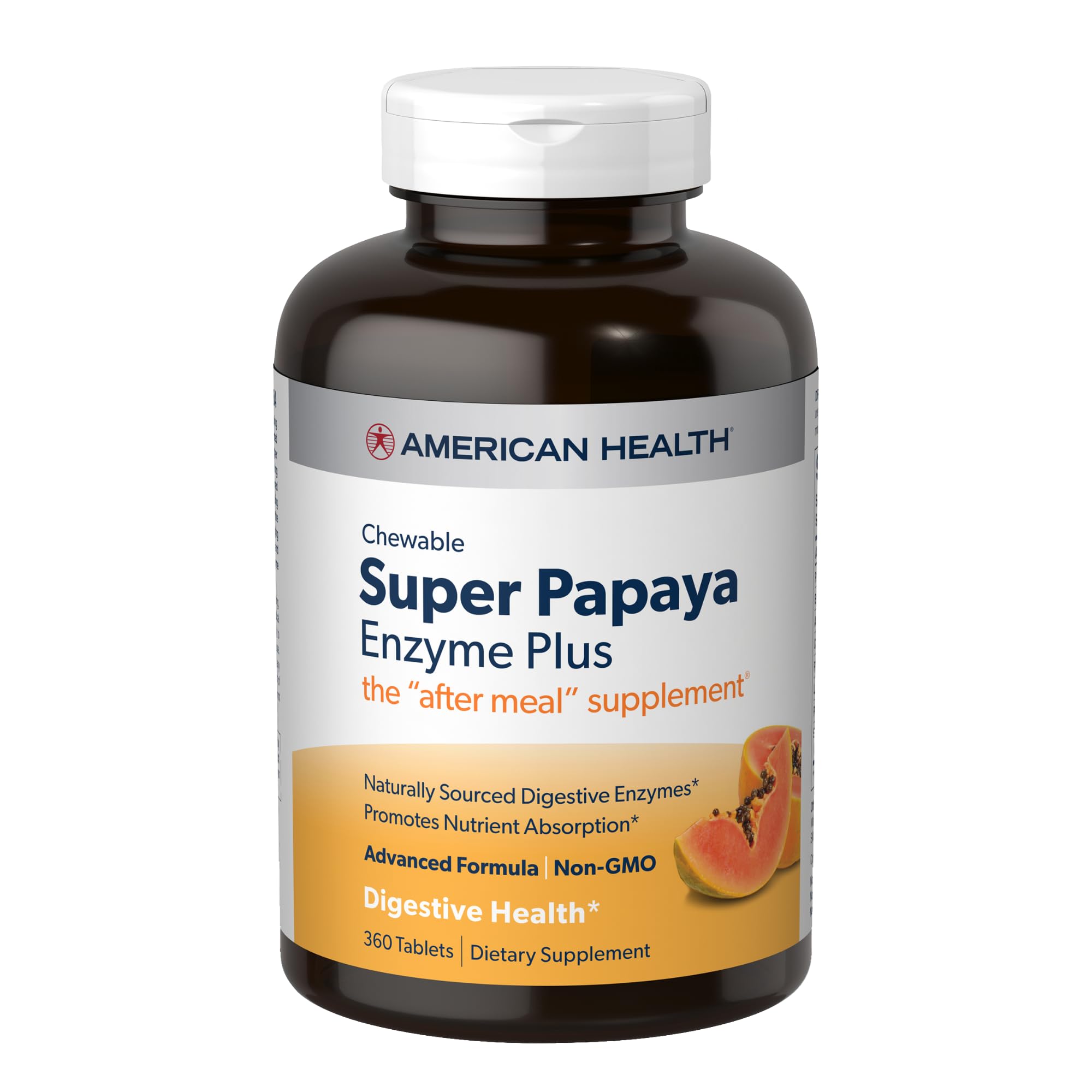 Front view of American Health Super Papaya Enzyme Plus bottle with 360 chewable tablets