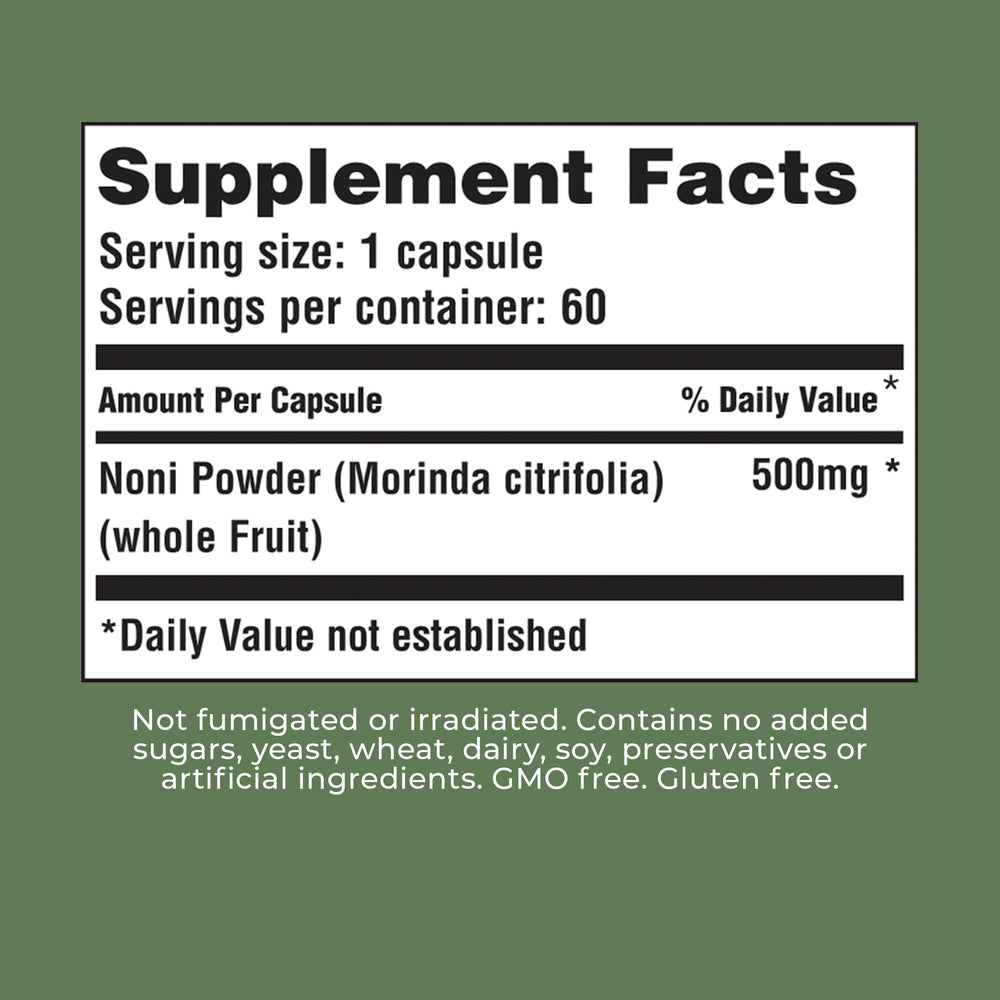 Label highlighting 100% Hawaiian Noni fruit juice origin
