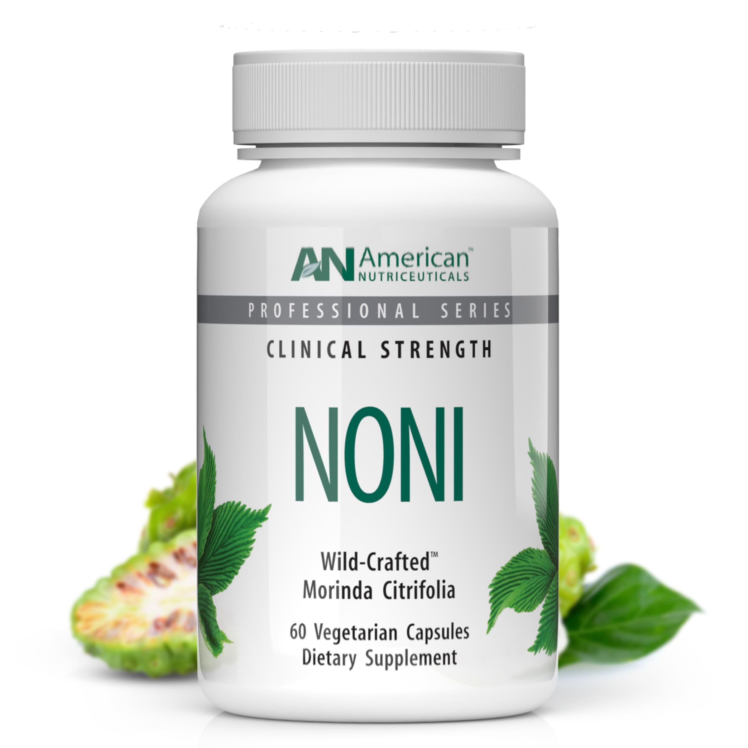 Bottle of American Nutriceuticals Noni 60 capsules on white background