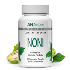 Bottle of American Nutriceuticals Noni 60 capsules on white background