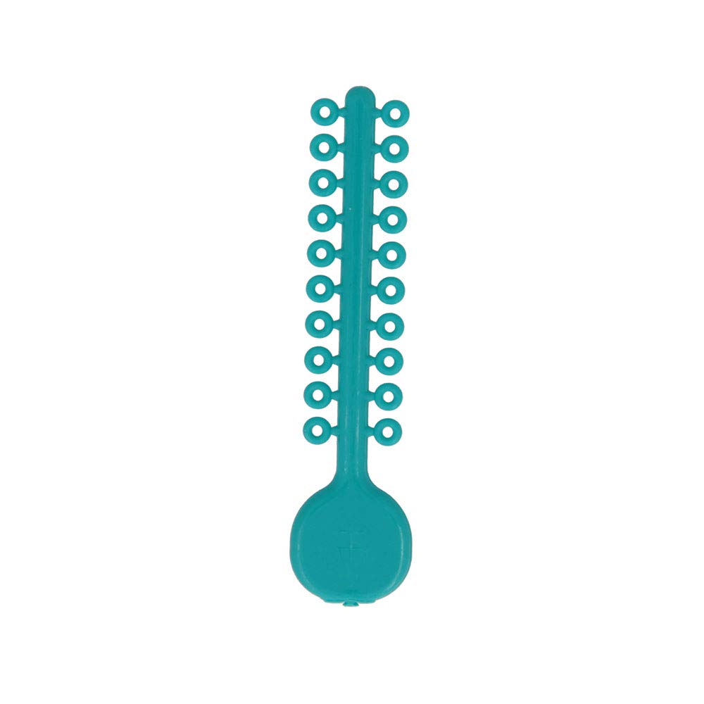 Packaging for American Orthodontics Teal Ligatures showing 50 sticks per pack and 1,000 ligatures per package