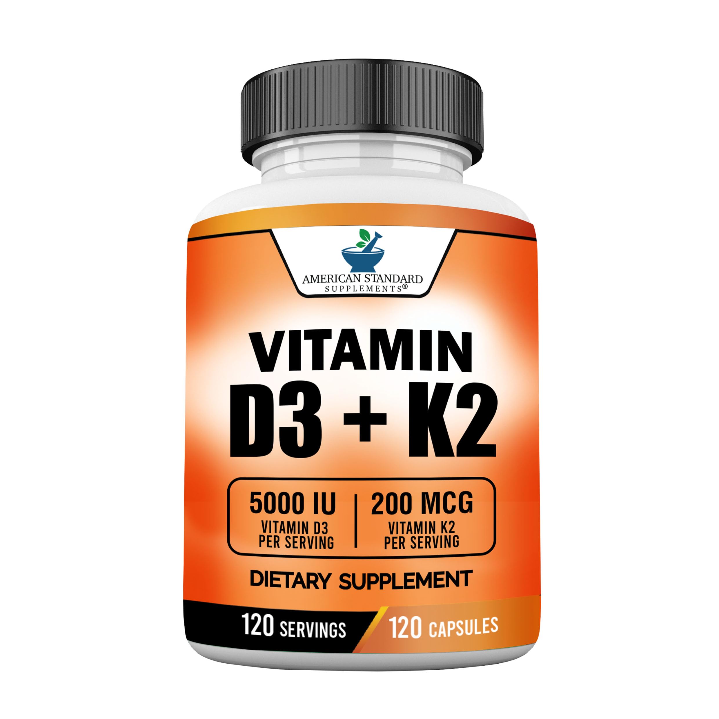 Bottle of American Standard Vitamin D3 5000 IU and Vitamin K2 MK7 (200 mcg) capsules