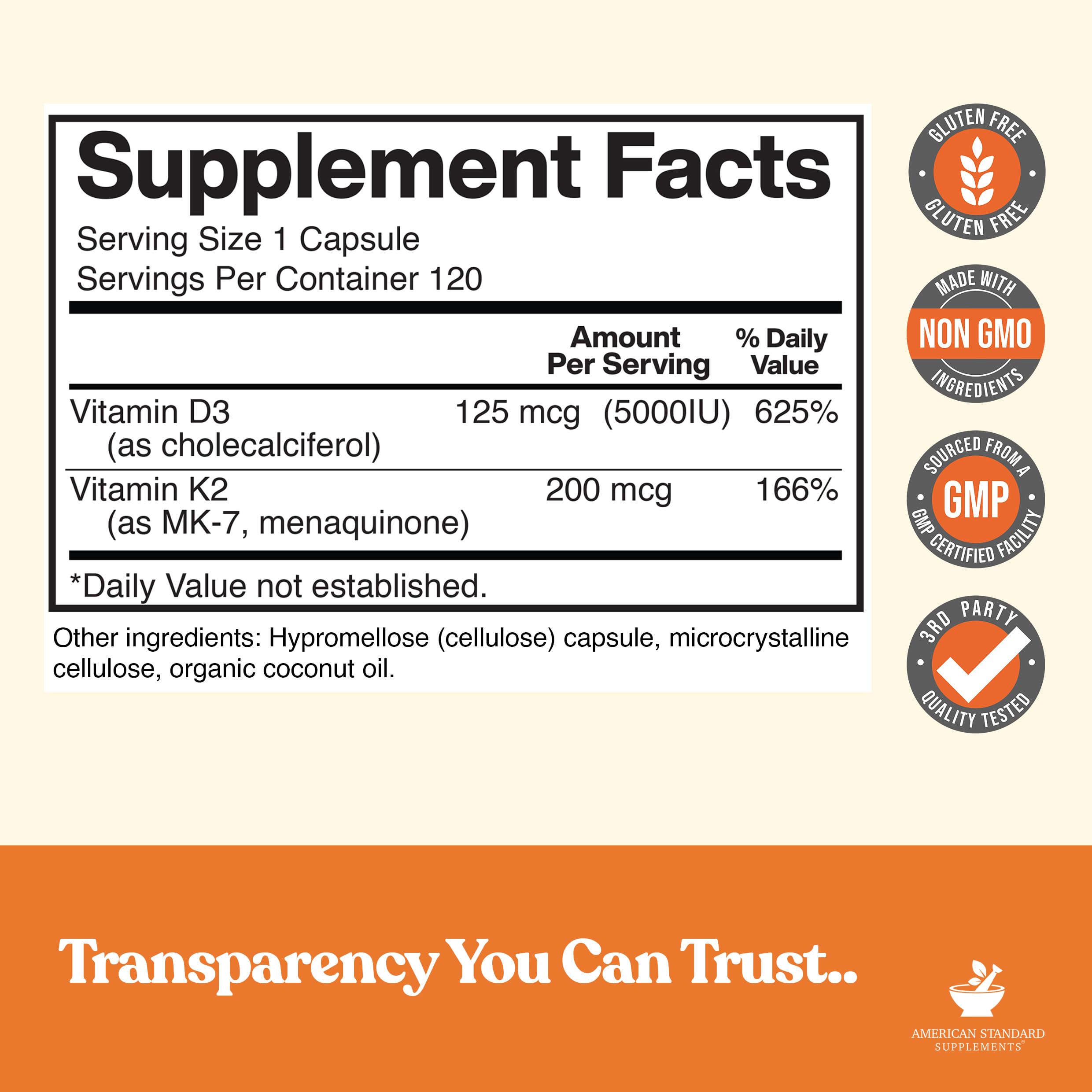 Close-up of supplement facts showing 5000 IU D3 and 200 mcg K2 MK7 per capsule