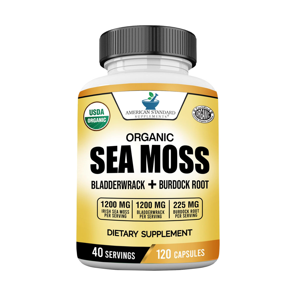Product bottle label: American Standard Sea Moss, Bladderwrack & Burdock Root Capsules