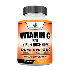 Bottle label shows Vitamin C 2000mg, Zinc 40mg, and Rose Hips