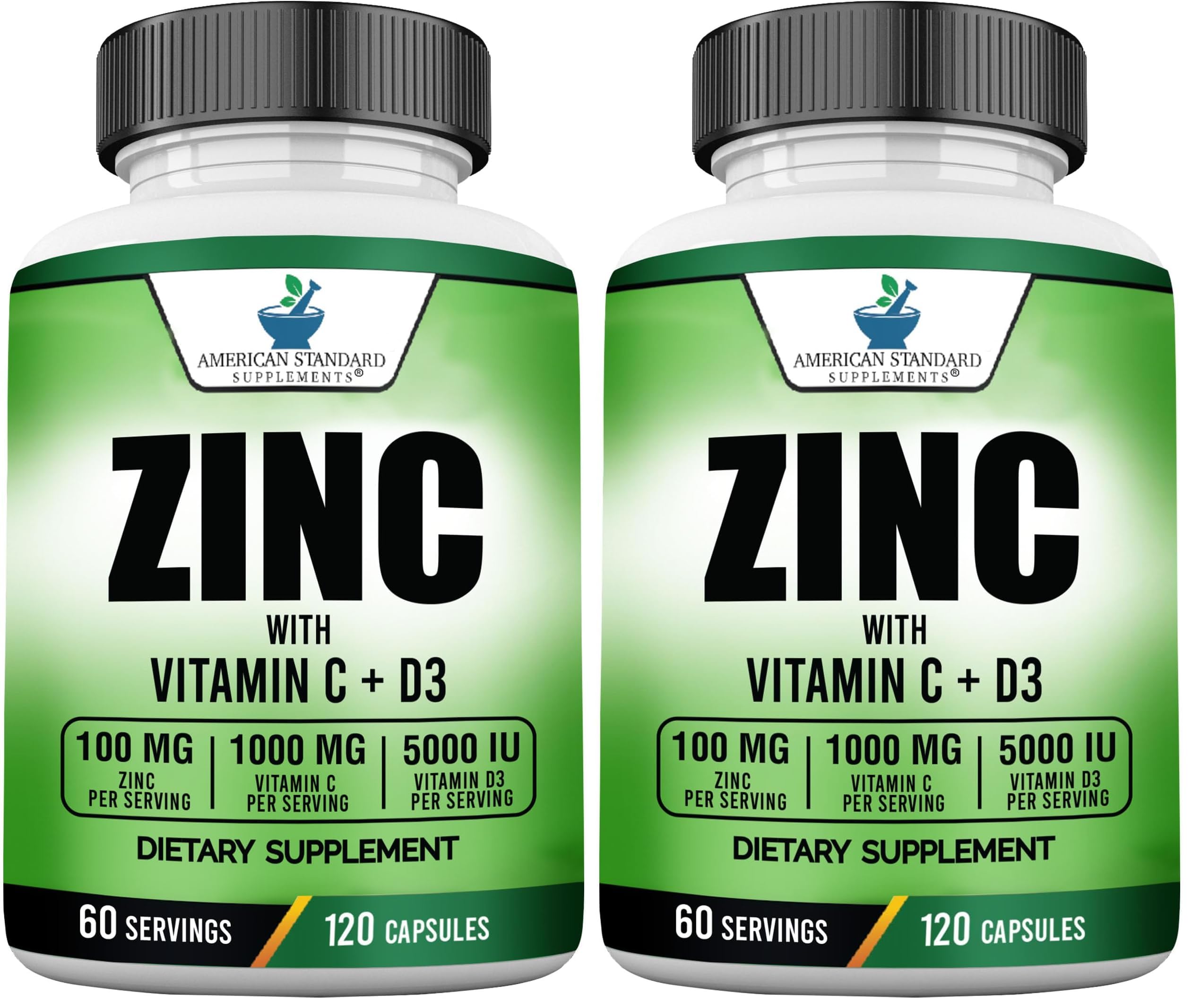 Front label of American Standard Supplements Zinc 100mg, Vitamin C 1000mg, and Vitamin D3 5000 IU (120 capsules; Pack of 2)