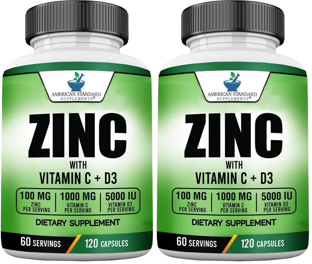 Front label of American Standard Supplements Zinc 100mg, Vitamin C 1000mg, and Vitamin D3 5000 IU (120 capsules; Pack of 2)