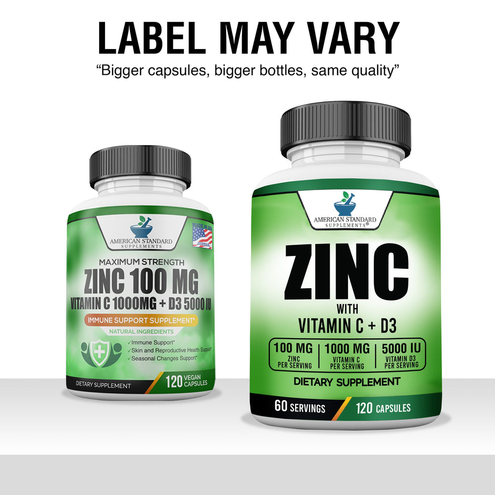 Close-up of ingredients Zinc 100mg, Vitamin C 1000mg, Vitamin D3 5000 IU for immune support