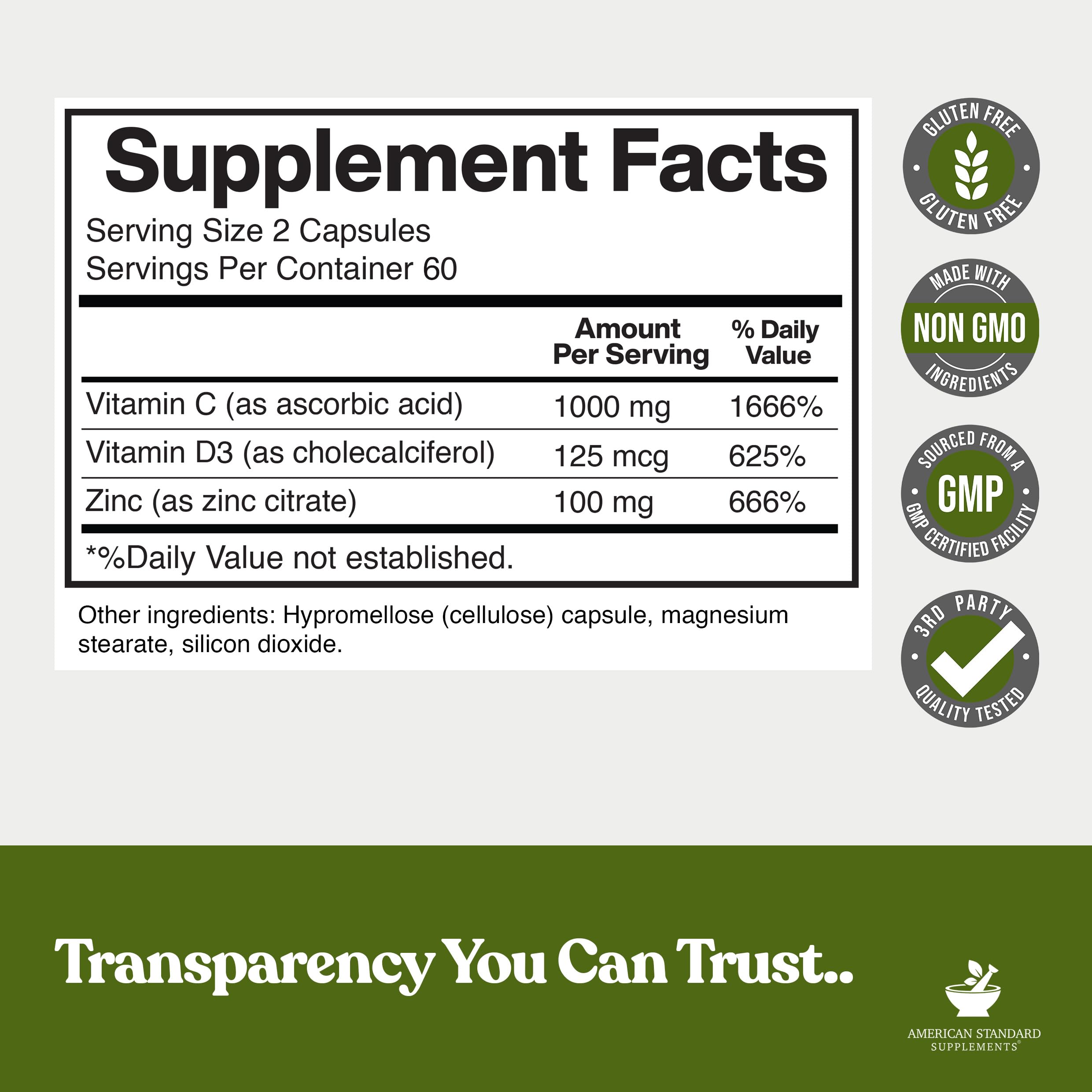Capsules showing zinc, vitamin C, and vitamin D3 blend