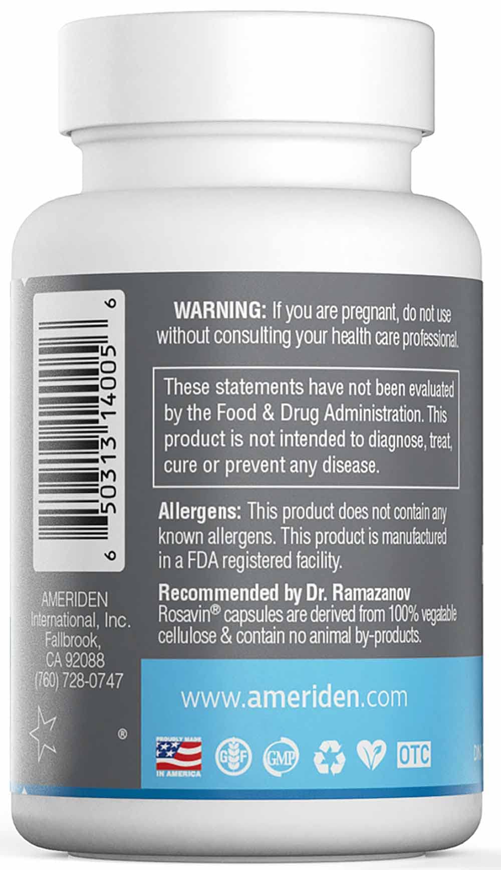 Ameriden Rosavin wild-crafted root imagery signals natural sourcing.