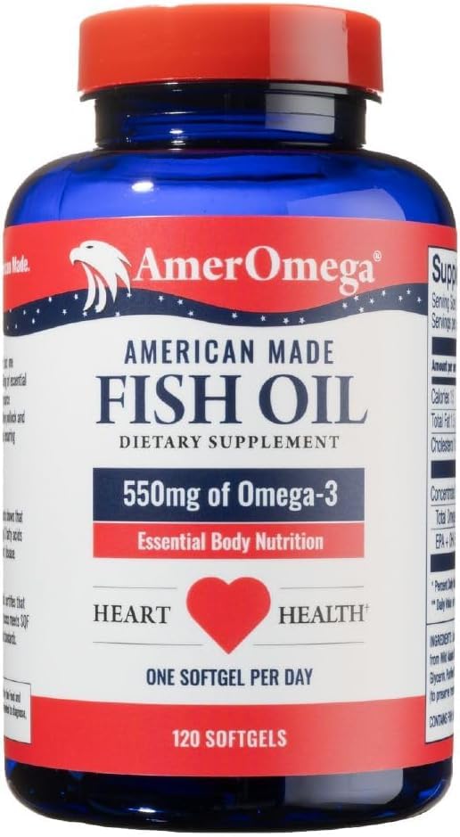 AmerOmega triglyceride omega-3 fish oil bottle and capsules in heart health setting