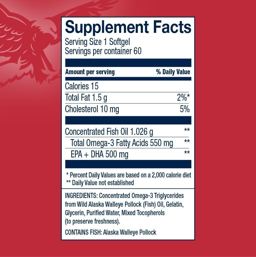AmerOmega Omega-3 bottle showing American-sourced and American-made claims
