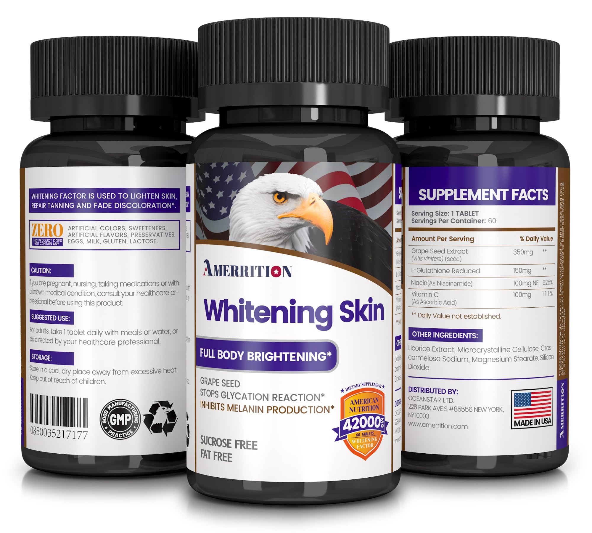 Open bottle of Amerrition Skin Whitening Tablets with packaging