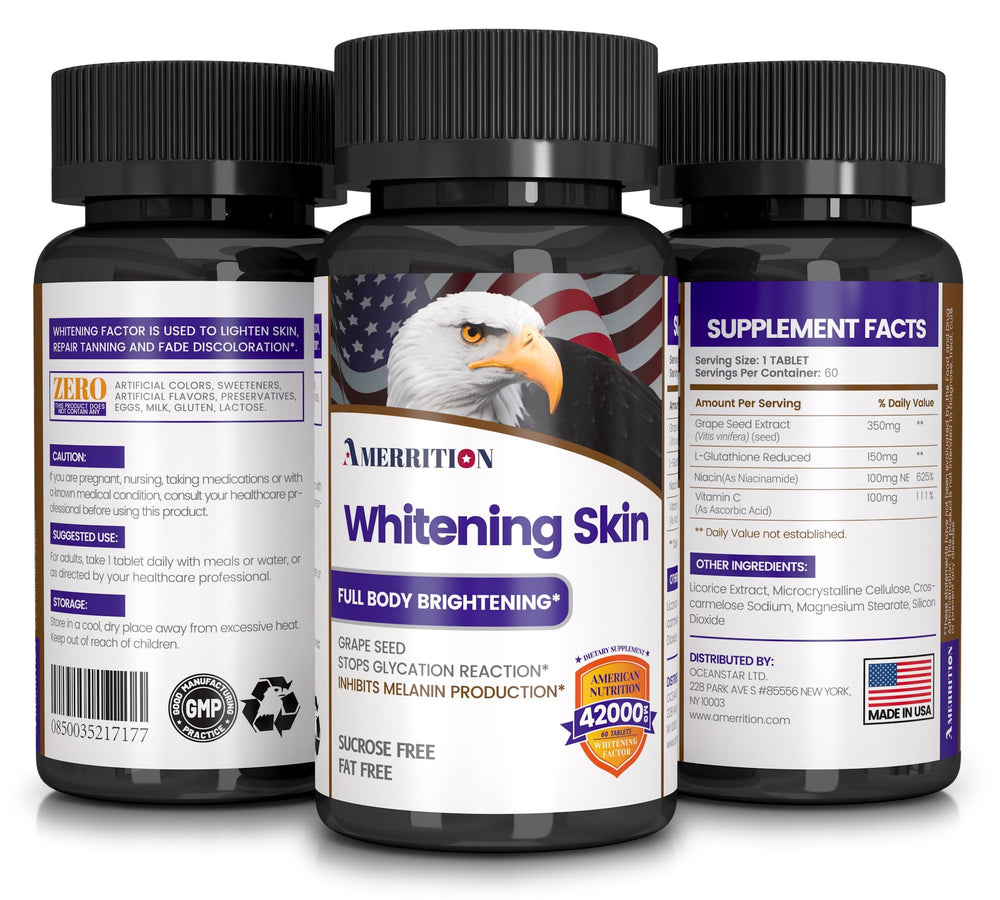 Open bottle of Amerrition Skin Whitening Tablets with packaging